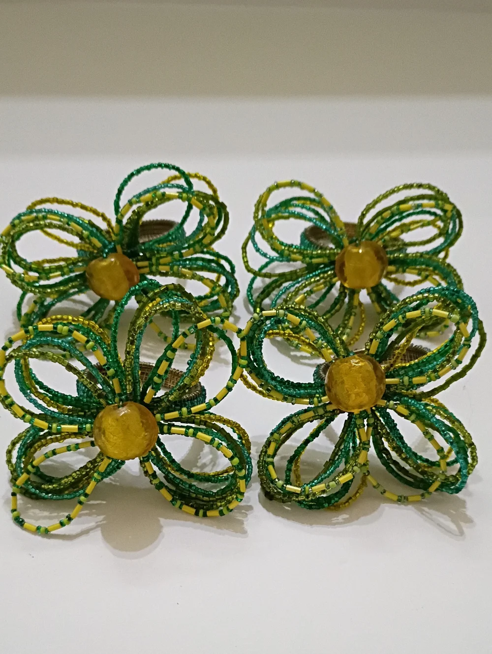 Pier 1 Handmade Beaded Flower Napkin Rings in Green and Yellow - Set of 4